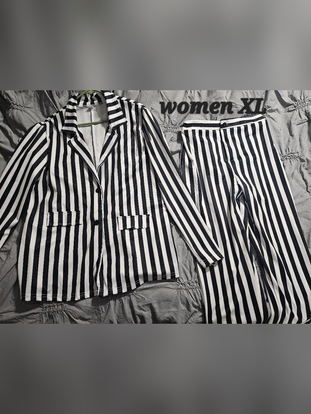 Like New Black & White Vertical Stripe Blazer and Pants Set Beetlejuice